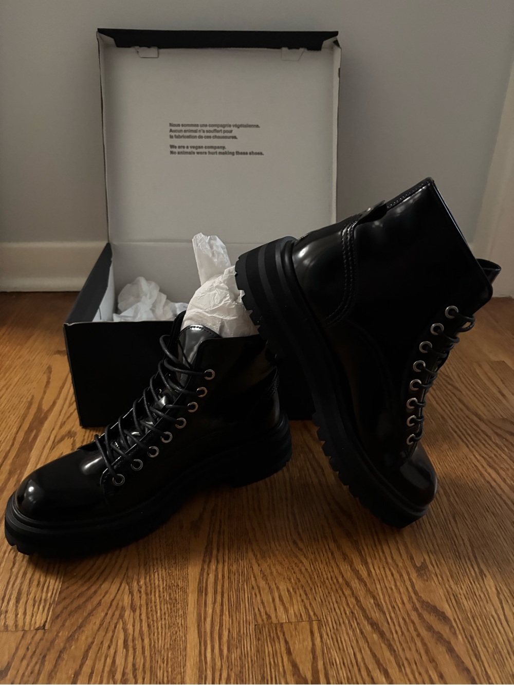 Matt & Nat Black Glossy Lace-Up Combat Booties